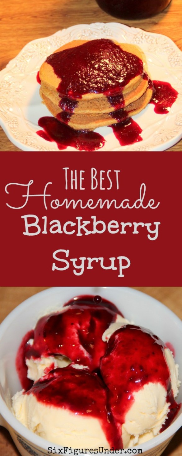 Homemade Blackberry Syrup makes a perfect topping for ice cream, pancakes, waffles-- you name it! You can't go wrong with it! Get the recipe, complete with canning tutorial!