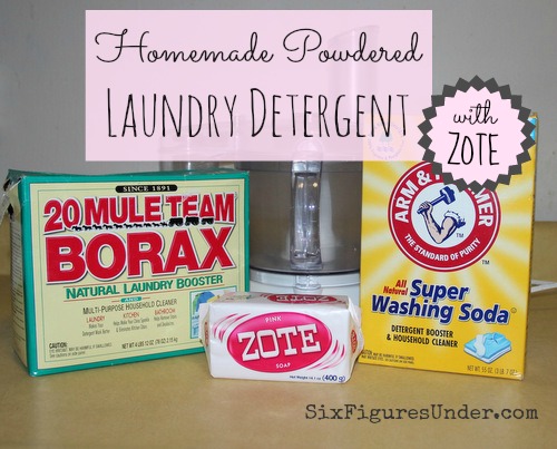 Make your own homemade powdered laundry detergent made from Zote Soap, Washing Soda, and Borax. Way cheaper than commercial detergent!