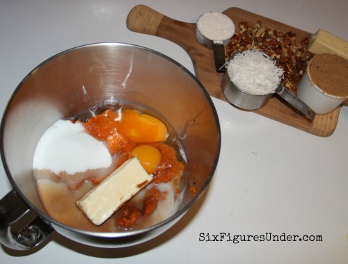 Sweet Potato Souffle-- First mix together the sweet potato, sugar, eggs, butter, milk and vanilla.