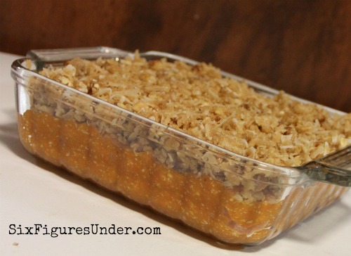 Sweet Potato Souffle-- Spread topping over sweet potato mixture.