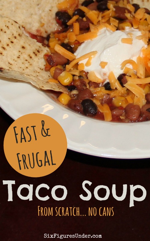 Taco soup is a favorite frugal dinner for our family. I love that it's not just a bunch of canned goods, but it's seriously just as fast. The best part is it's even cheaper and healthier than its canned good counterpart! You can add meat, but we eat it meatless.