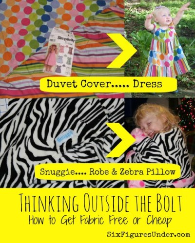 Sewing and DIY projects can get expensive if you're shopping at the fabric store (even with a coupon). Here are some wonderful ideas to help you "think outside the bolt" and get fabric for free or cheap!