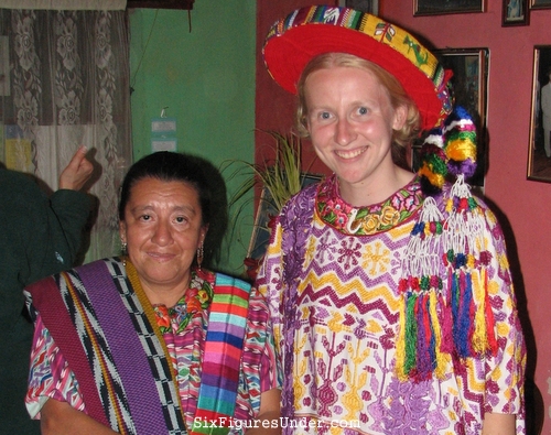 Trying on traditional clothing in Guatemala