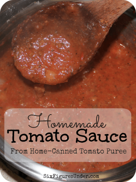 We use our home-canned tomato puree to make tomato sauce for spaghetti, for pizza, for lasagna, and more. We never buy spaghetti sauce from the store.