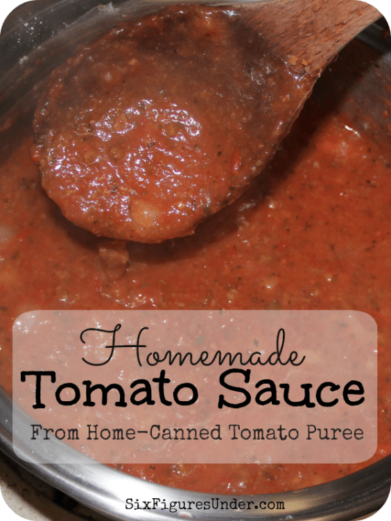 We use our home-canned tomato puree to make tomato sauce for spaghetti, for pizza, for lasagna, and more. We never buy spaghetti sauce from the store.